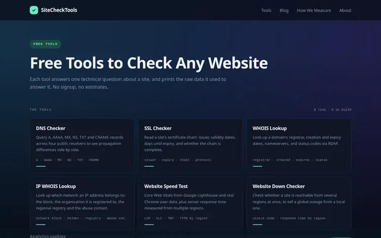 Screenshot of the SiteCheckTools homepage