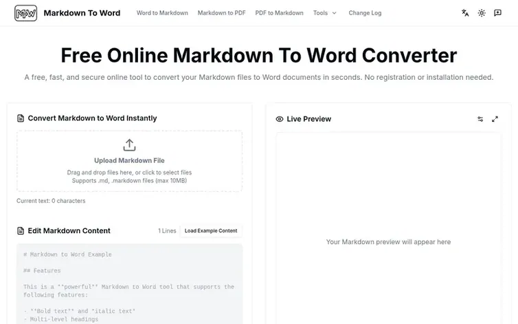 Screenshot of the Markdown to Word homepage