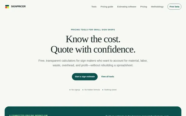 Screenshot of the SignPricer homepage