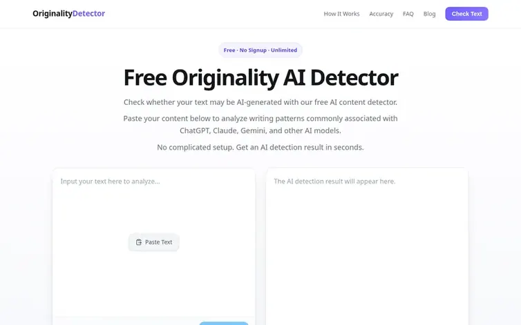 Screenshot of the OriginalityDetector homepage