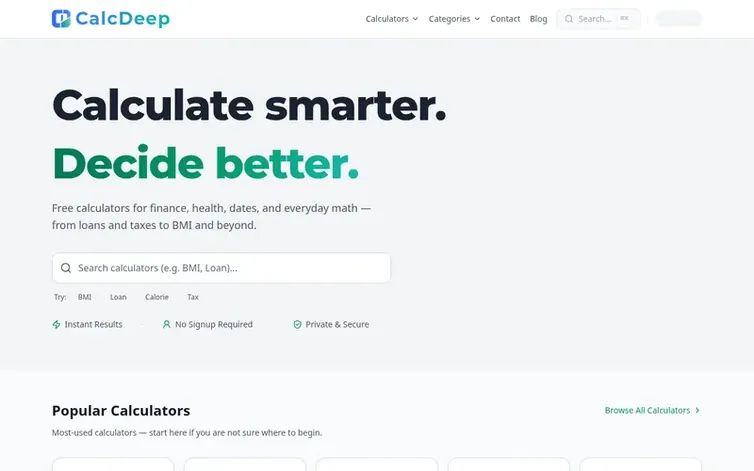 Screenshot of the CalcDeep homepage