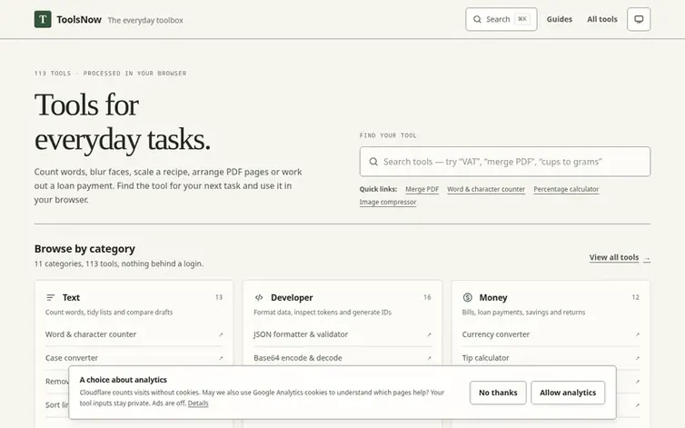 Screenshot of the ToolsNow homepage