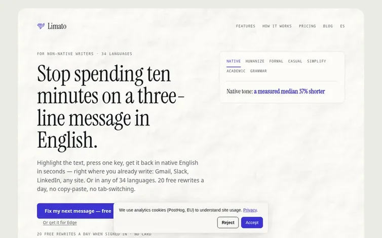 Screenshot of the Limato homepage