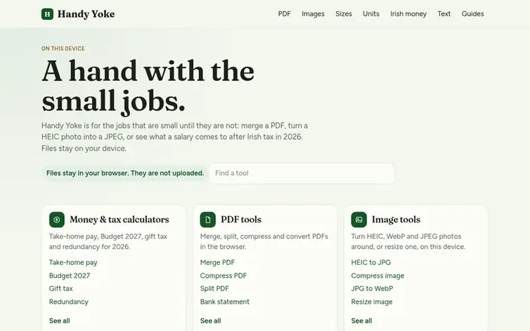 Screenshot of the Handy Yoke homepage