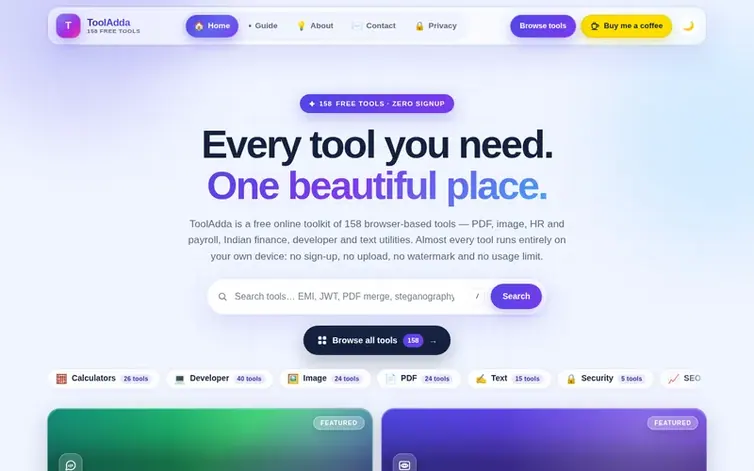 Screenshot of the ToolAdda homepage