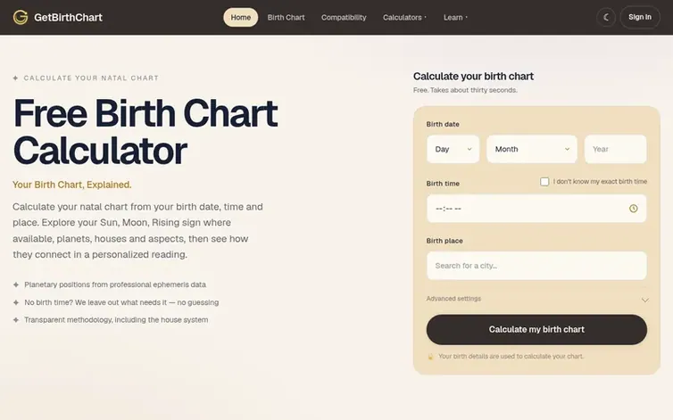 Screenshot of the GetBirthChart homepage