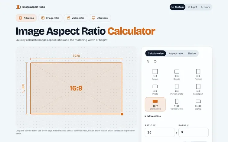 Screenshot of the Image Aspect Ratio Calculator homepage