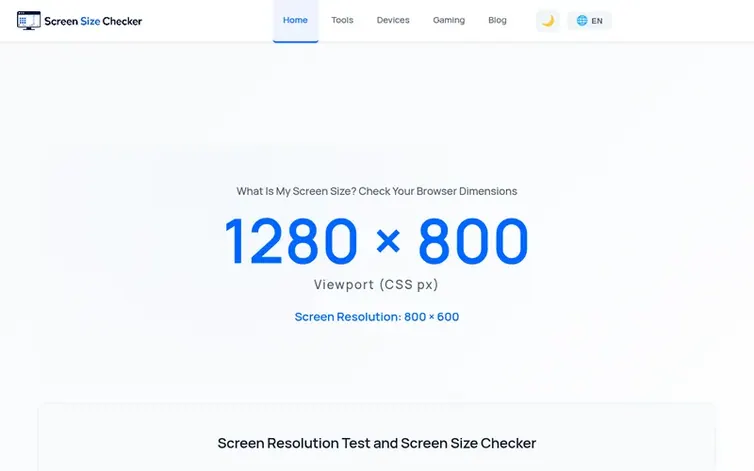 Screenshot of the Screen Size Checker homepage