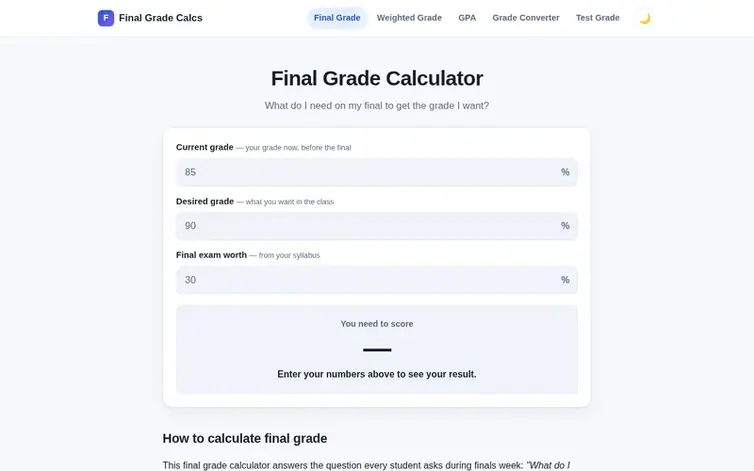 Screenshot of the Final Grade Calculator homepage