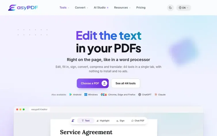 Screenshot of the EasyPDF homepage