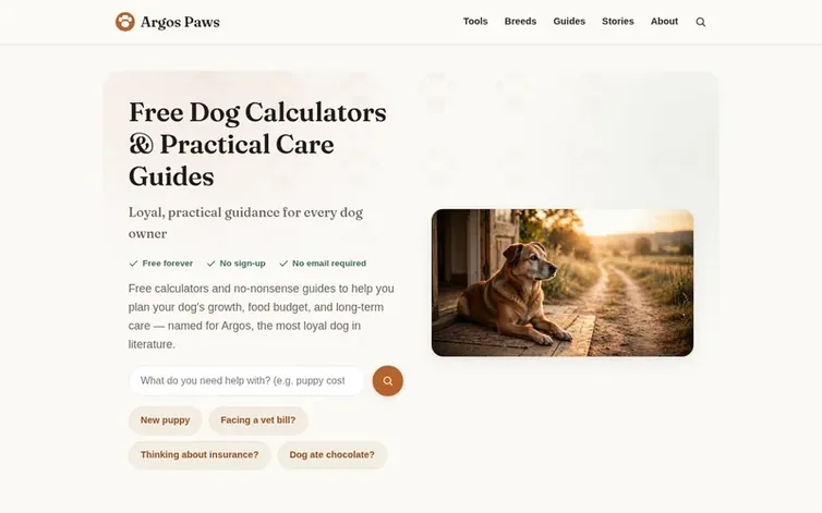 Screenshot of the Argos Paws homepage