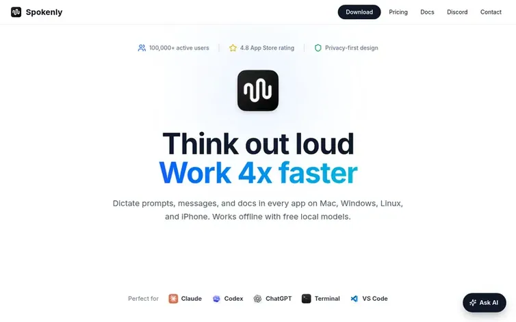 Screenshot of the Spokenly homepage