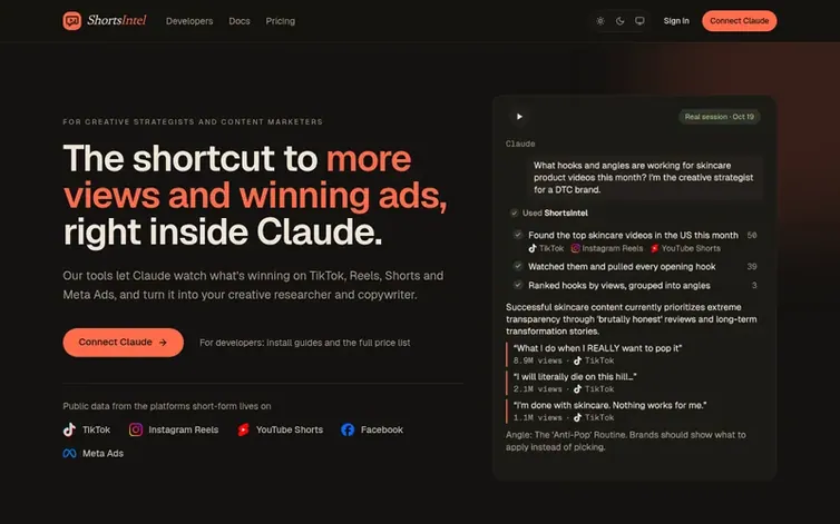 Screenshot of the ShortsIntel homepage