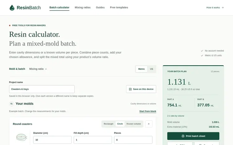 Screenshot of the ResinBatch homepage