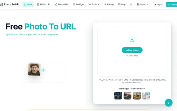 Screenshot of the Photo To URL homepage