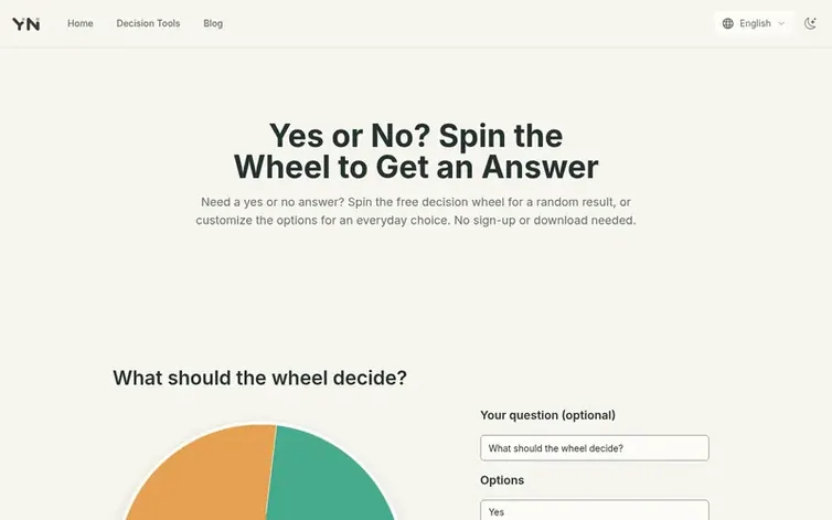 Screenshot of the YesOrNo homepage