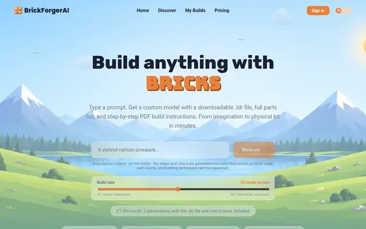 Screenshot of the BrickForgerAI homepage