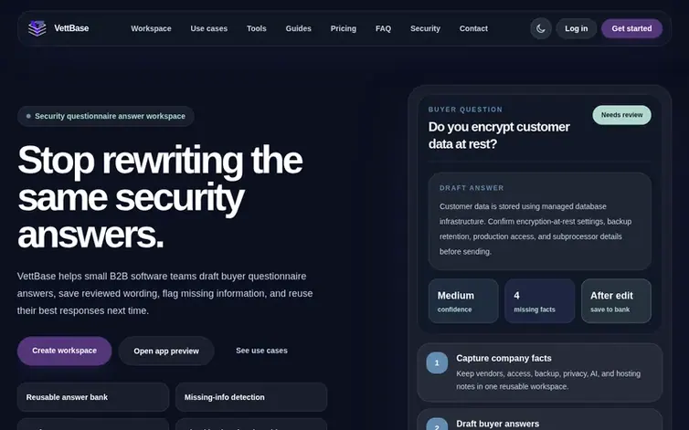 Screenshot of the VettBase homepage