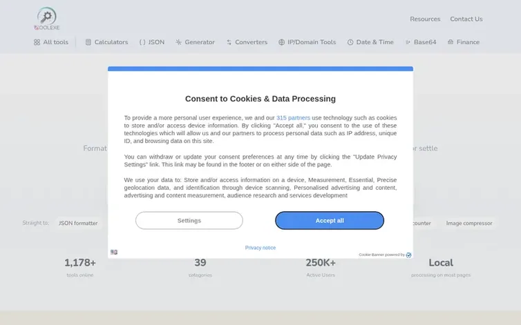 Screenshot of the Toolexe homepage