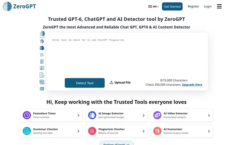 Screenshot of the ZeroGPT homepage