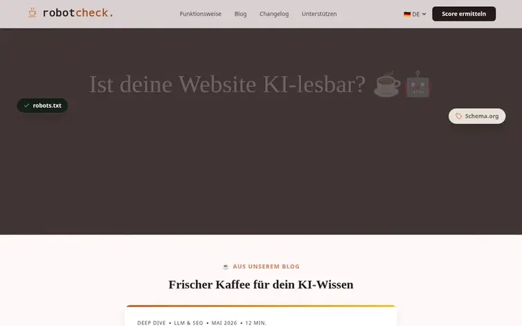 Screenshot of the RobotCheck.coffee homepage