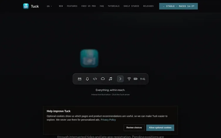 Screenshot of the Tuck homepage