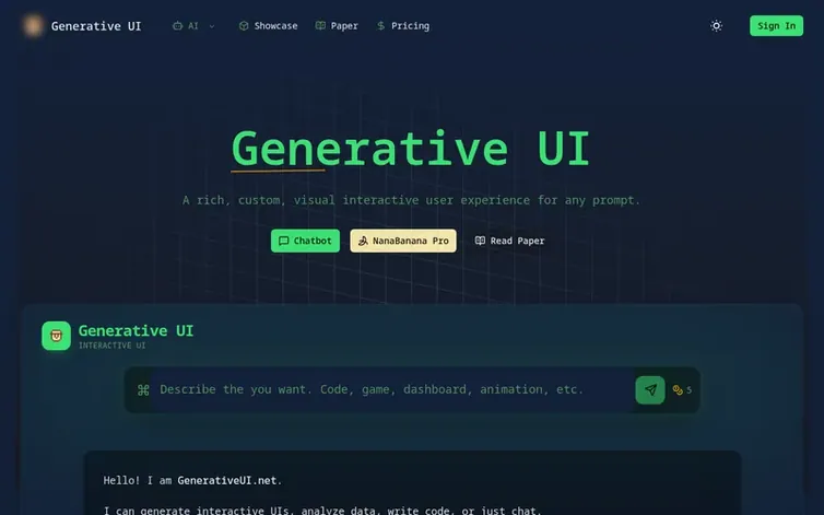 Screenshot of the Generative UI homepage