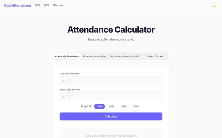 Screenshot of the CalcAttendance homepage