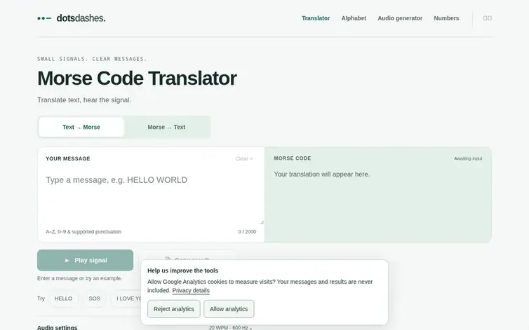 Screenshot of the DotsDashes homepage