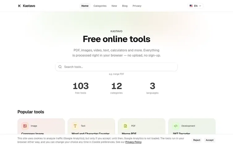 Screenshot of the Kastavo homepage