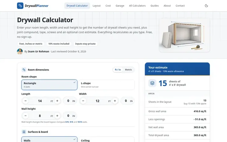 Screenshot of the Drywall Planner homepage