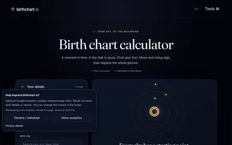 Screenshot of the birthchart.io homepage