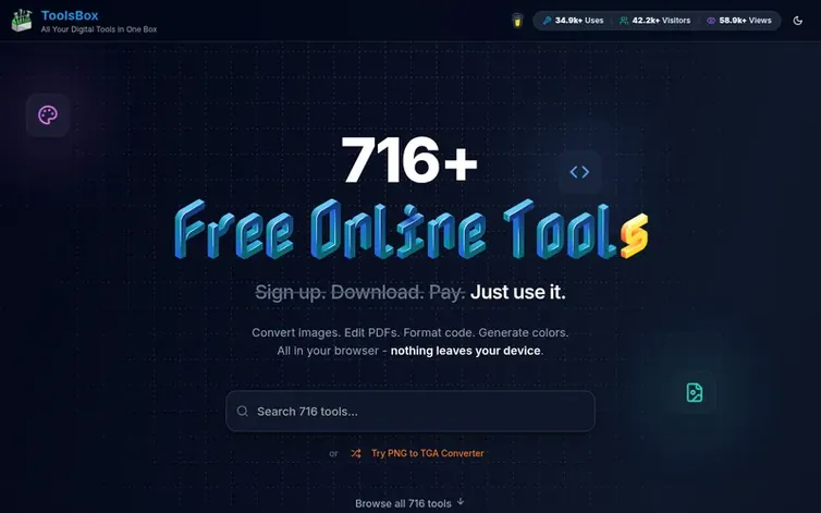 Screenshot of the ToolsBox homepage