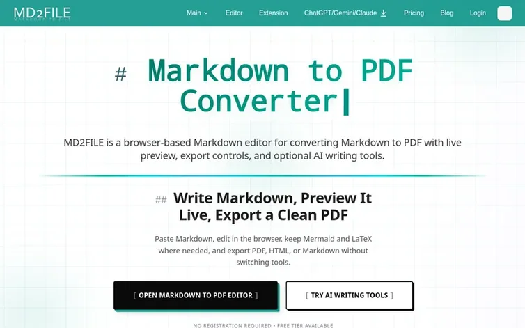 Screenshot of the MD2FILE homepage