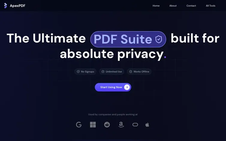 Screenshot of the ApexPDF homepage