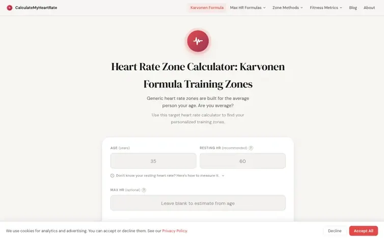 Screenshot of the CalculateMyHeartRate homepage