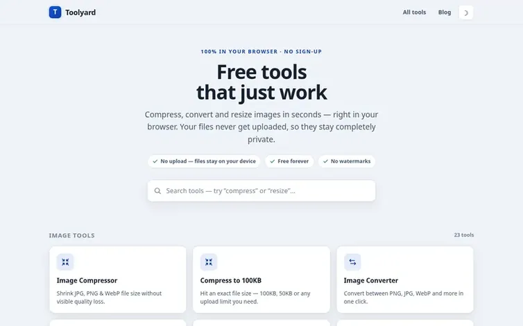 Screenshot of the Toolyard homepage