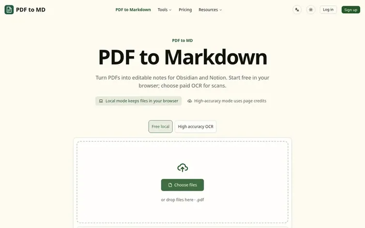 Screenshot of the PDF to MD homepage