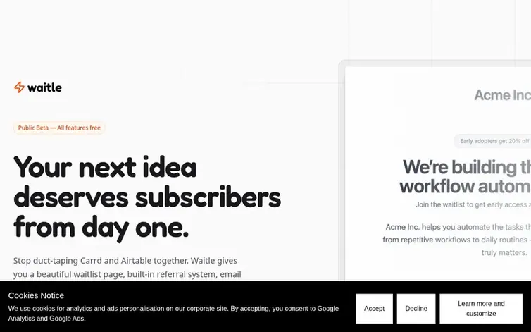 Screenshot of the Waitle homepage