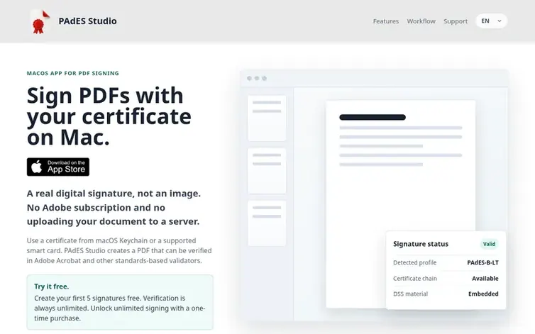 Screenshot of the PAdES Studio homepage