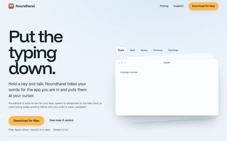 Screenshot of the Roundhand homepage