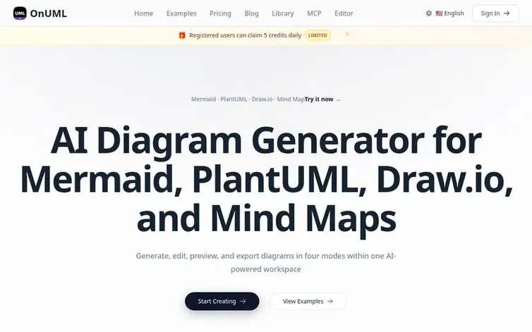 Screenshot of the OnUML homepage