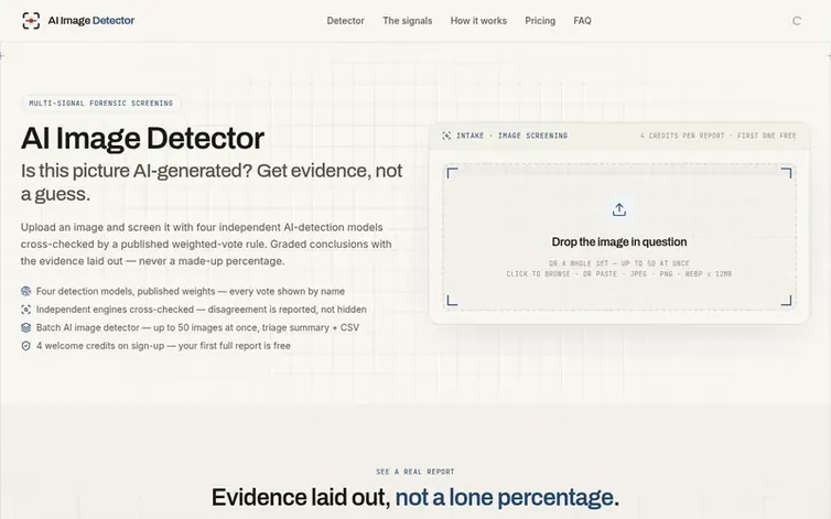 Screenshot of the AI Image Detector homepage