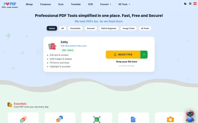Screenshot of the iHatePDF homepage