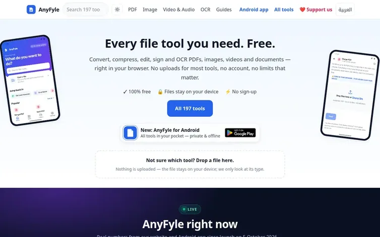 Screenshot of the AnyFyle homepage