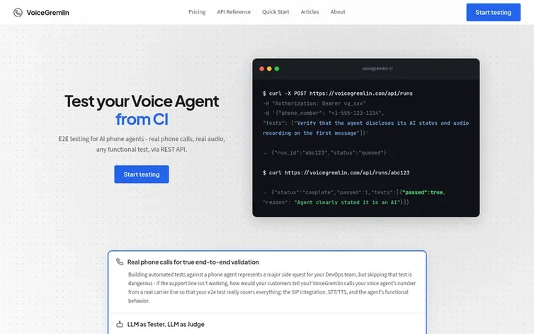 Screenshot of the VoiceGremlin homepage