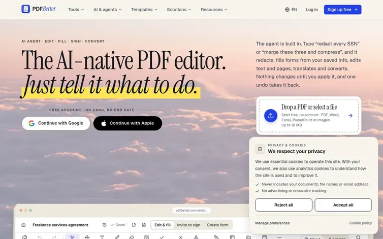 Screenshot of the PDFBetter homepage