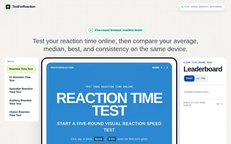 Screenshot of the TestForReaction homepage