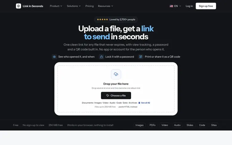 Screenshot of the Link in Seconds homepage