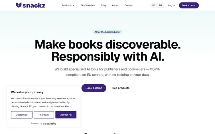 Screenshot of the snackz.ai homepage